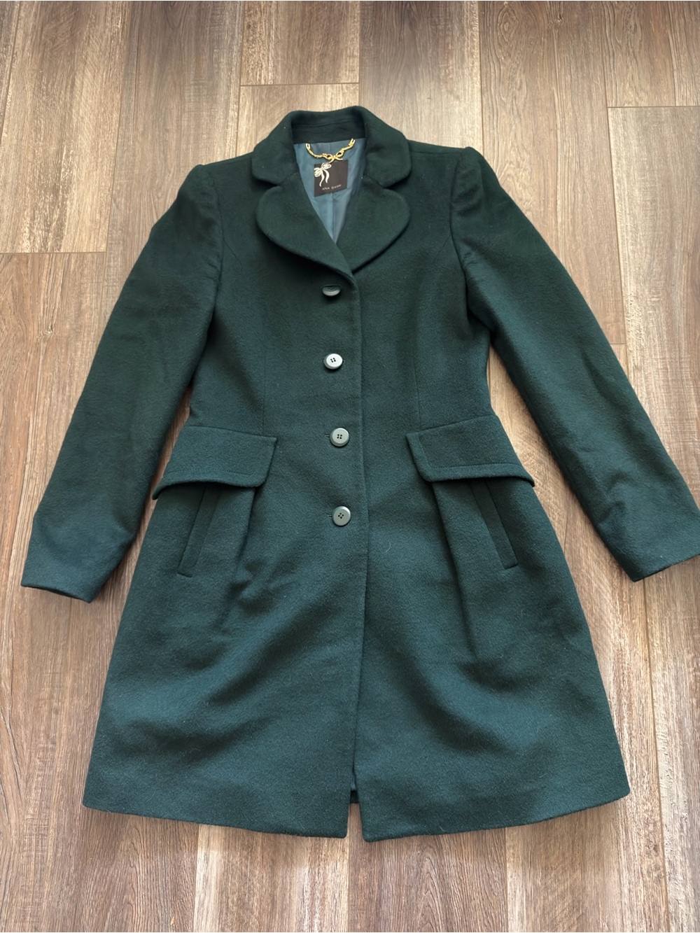 Women's Tailored Pea Coat in Dark Green - Classic Button Front